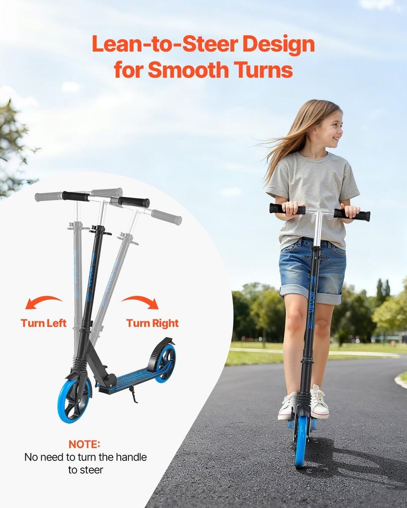 Kick Scooter for Kids Ages 8+, Teens & Adults, 2-Wheel Toddler Scooter with Adjustable Height Handlebar, Wide Anti-Slip Deck, Foldable Lightweight