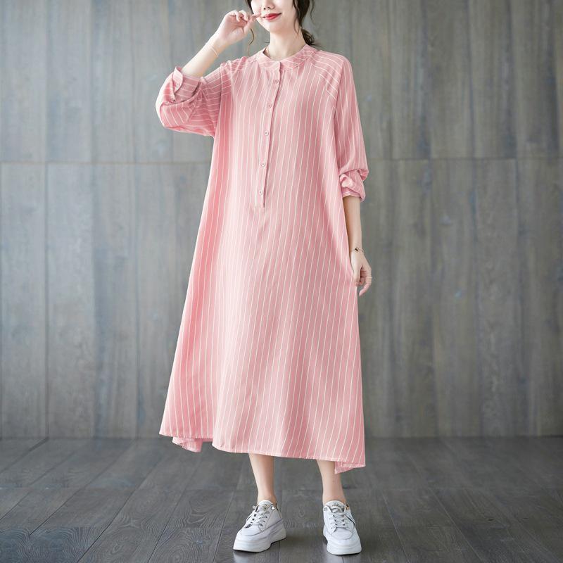 Frühling/Sommer 2023 Damen Übergröße Gestreiftes Lässiges Langes Kleid - Literarischer Stil, Lockere Passform, Schlankmachender Effekt