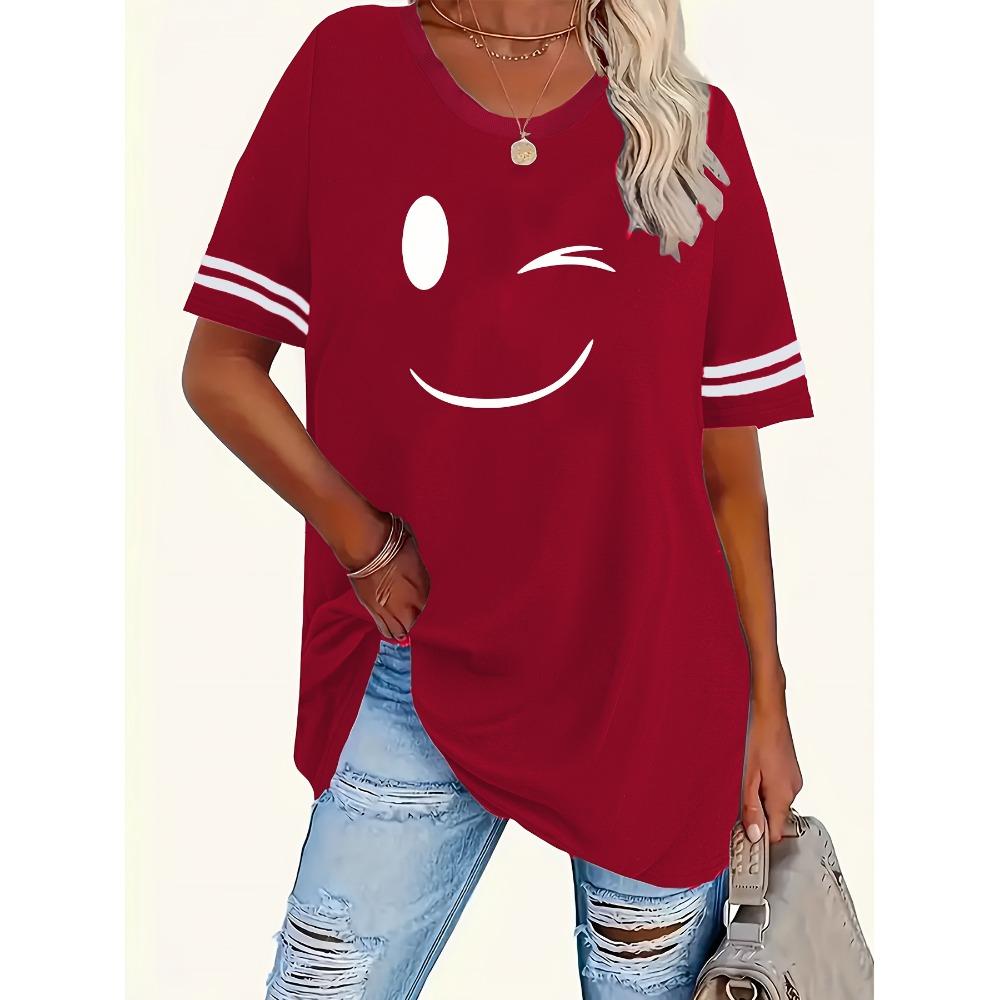 Women's Printed Round Neck Short Sleeved Striped T-shirt