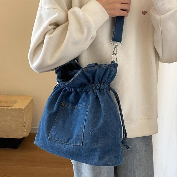 Denim Bag Women's 2025 New Literary Drawstring Bundle Bucket Bag Simple and Versatile Shoulder Messenger Bag