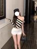 Korean-Style Black & White Striped Asymmetrical One-Shoulder Top - Women's Spring/Autumn Base Layer, Cropped to Show Collarbone, Ins Style