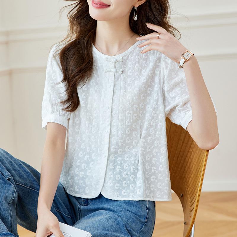 

New Chinese Style Craft Embroidered Button-up Shirt for Women s Commuting Short Slim and Sweet Top M