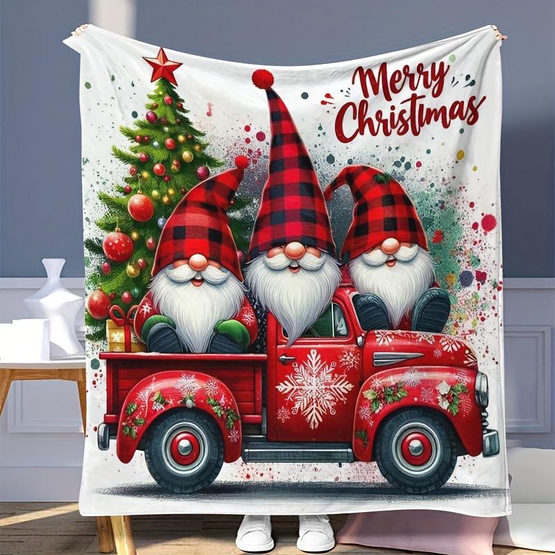 Christmas Gnome & Bells Flannel Blanket - Soft, Warm & Versatile for Sofa/Bed/Travel, All-Season Cozy Gif