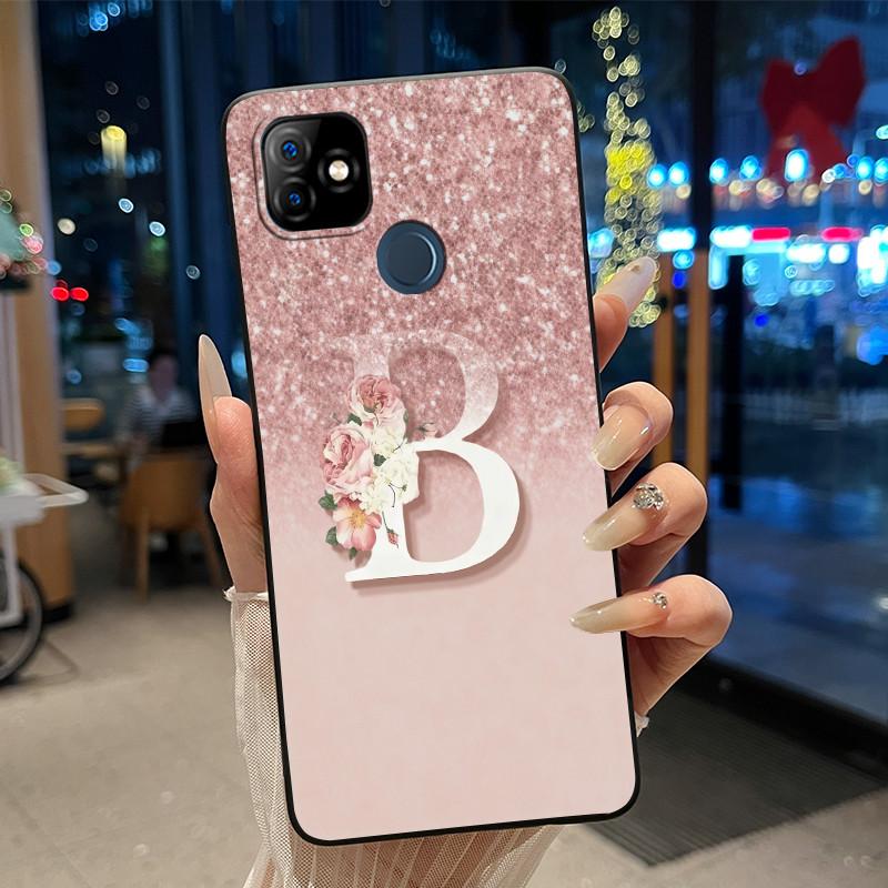 

Phone Case For Itel P36 Play/Vision 1 Couple Soft Silicone Anti-scratch Black Shell Elegant Simple Letter Flower Pattern Casing Itel P36 Play