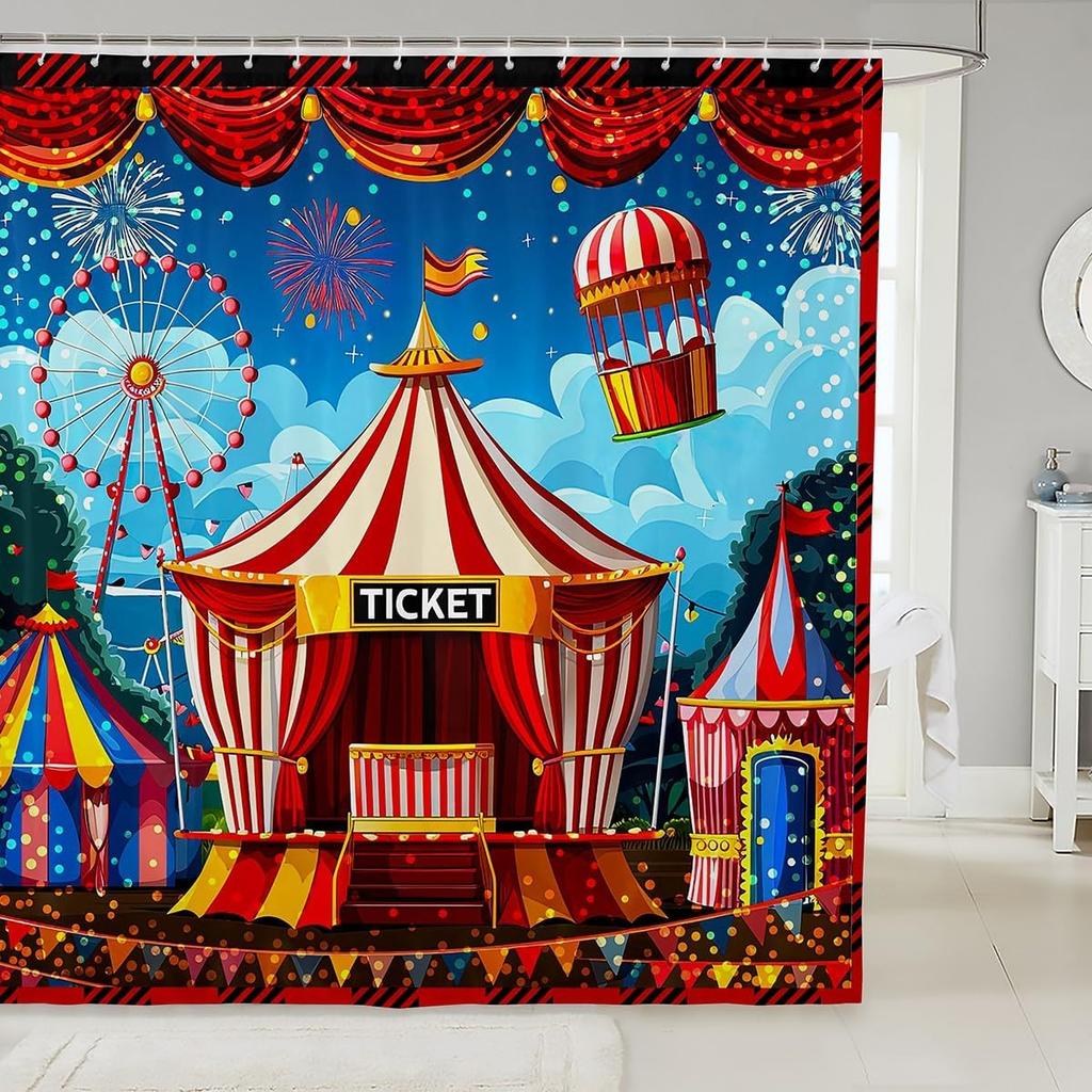 Cartoon Circus Bathroom Curtains Happy Holiday Shower Curtain Sets for Kids Boys Girls Funny Ferris Wheel Shower Curtain Funny