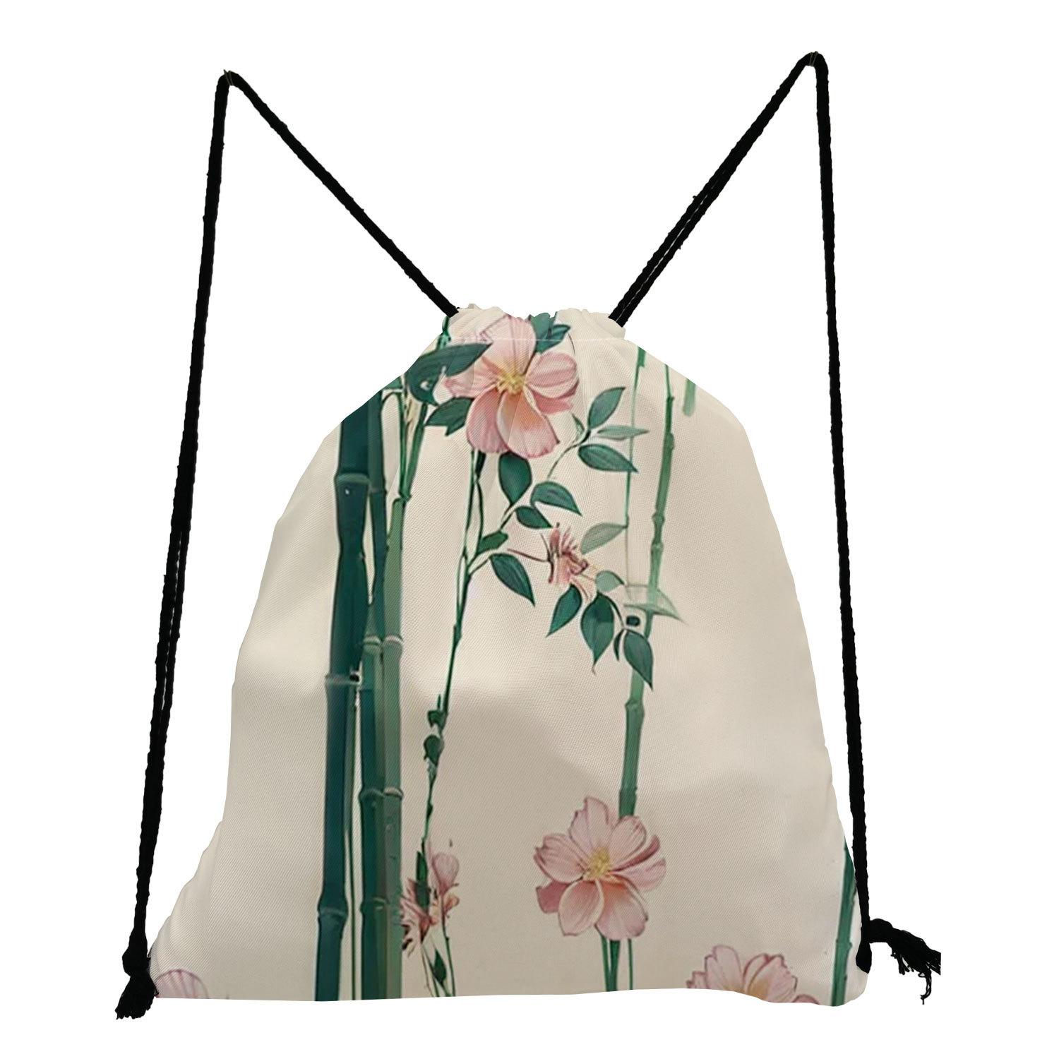 Chinese Style Element Bamboo Forest Peach Blossom Print Drawstring Bag, Classic Women S Lightweight Bundle Bag, Student Lightweight Women S Bag