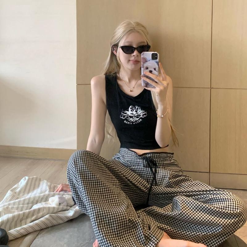 Color - Block Black White Plaid High Waist Slim Straight Wide Leg Long Casual Pants for Women Summer