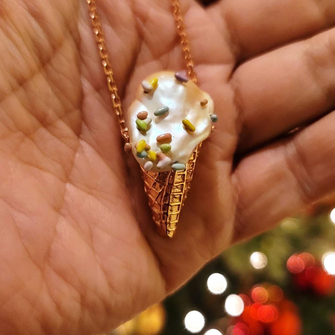 

Sweet Cool Ice Cream Necklace Exquisite Dessert Beaded Design Imitation Pearl Collarbone Chain Jewelry Copper