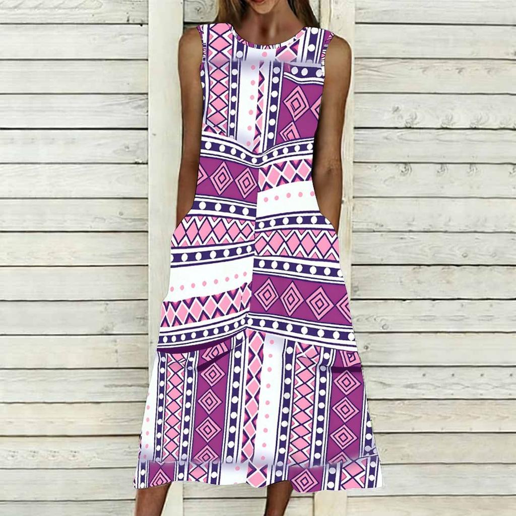 Oversized Women Sleeveless Round Neck Dress Elegant Cluster Flower Printed Loose Mid Calf Dress