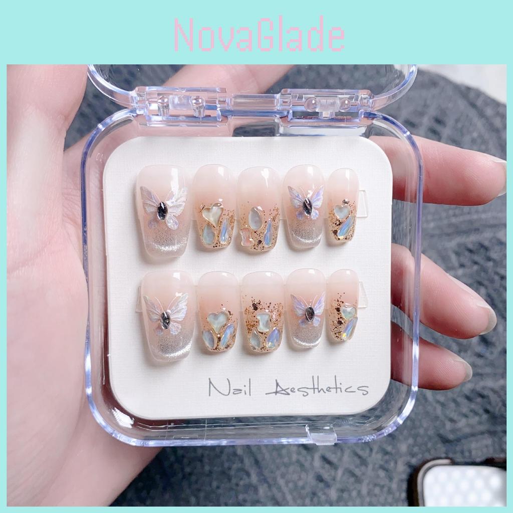 Handmade French Cat Eye Butterfly Elf Nude Color Love Heart Diamond Drill Gentle White Short Stairs Nail Patch Xs S M L Set Of 5
