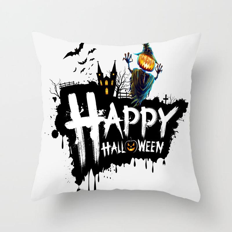 New Halloween Black and White Skull Pumpkin Printed Peach Leather Velvet Pillowcase Sofa Office Cushion Cover