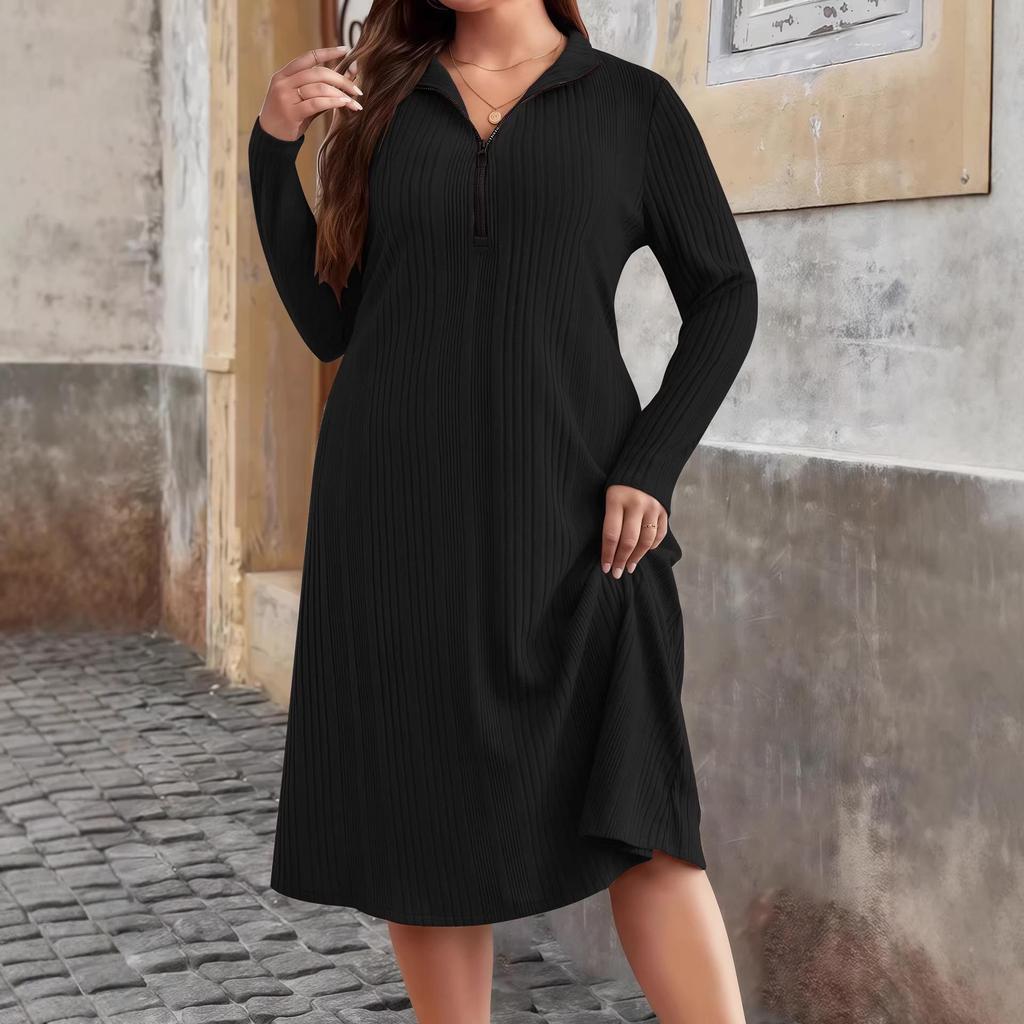 2025 Autumn/Winter European Plus Size Women's Round Neck Zippered Striped Dress