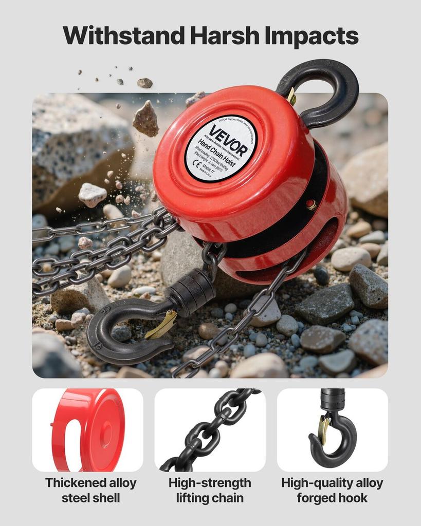 Hand Chain Hoist, 1 Ton Capacity, Manual Chain Block with Upgrade G70 Galvanized Chain, 2.44 m Lifting Height, Heavy Duty Pulley Hoist for Garage