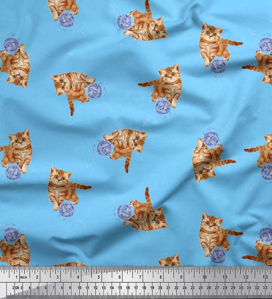 Soimoi Japan Crepe Satin Fabric Wool & Cat Animal Print Fabric by the Metre 42 Inch