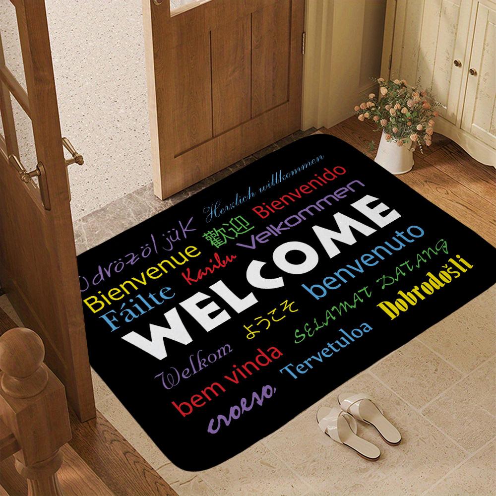 Global Greetings Welcome Doormat Black Multi Language Entrance Rug World Hello Theme Non-Slip Welcome Floor Mat for Home Decor