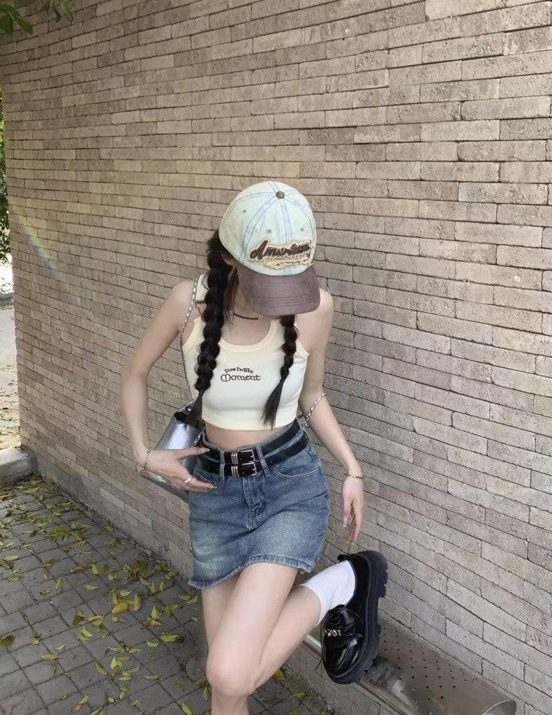 Spicy Girl High Waist Retro Slit Denim Skirt with Double Belt - Women's Summer A-line Mini Skirt