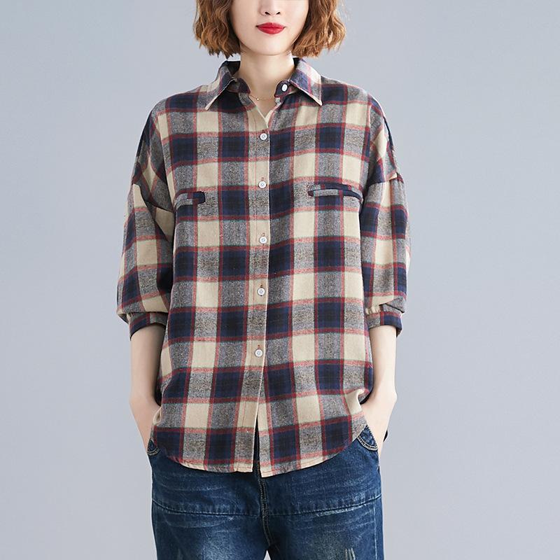 1116 large size women's clothing 55.5 kg fat mm versatile loose and thin cardigan plaid shirt jacket