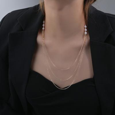 Personalized Trend Long Necklace Female Pearl Multi-layer Stacked Metal Necklace Simple Sweater Chain
