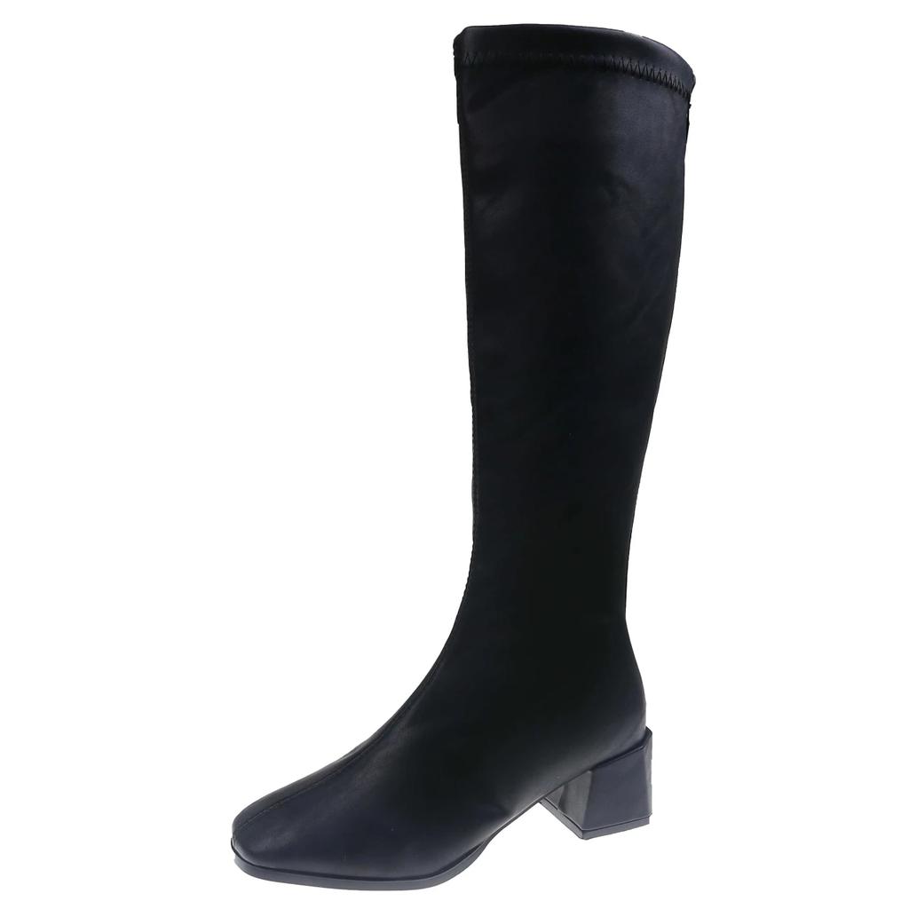 Long Tube Women'S Knee-Length Cotton Boots Autumn New All-Match Square Toe Plus Fleece High Tube Block Heel Skinny Boots