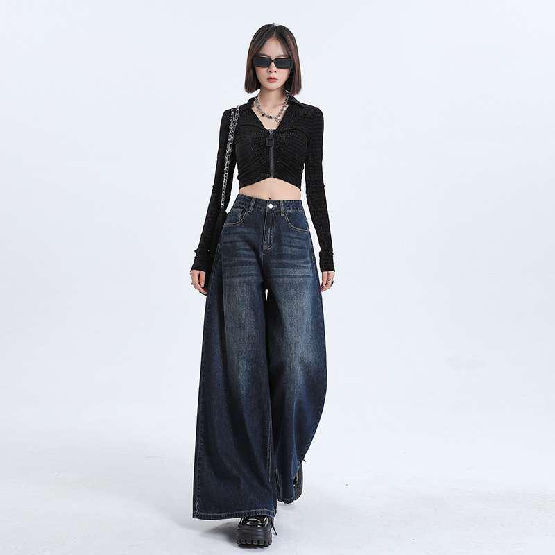 Neue Damen High Waist Schlaghose mit weitem Bein - Gewaschenes Tiefblau Retro Mode Bodenlange Hose