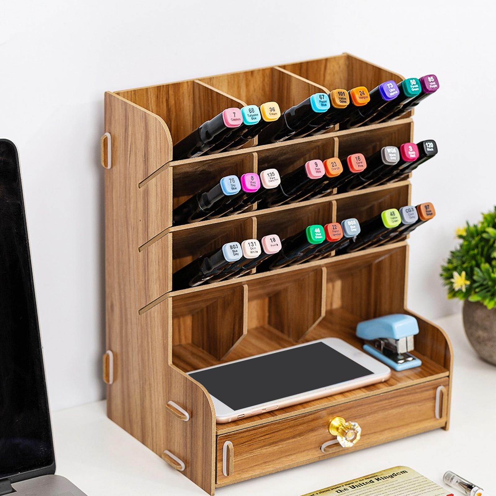 Wood Desktop Bookshelf Multi Function Pen Holder Stationery Box for   Use(Black )