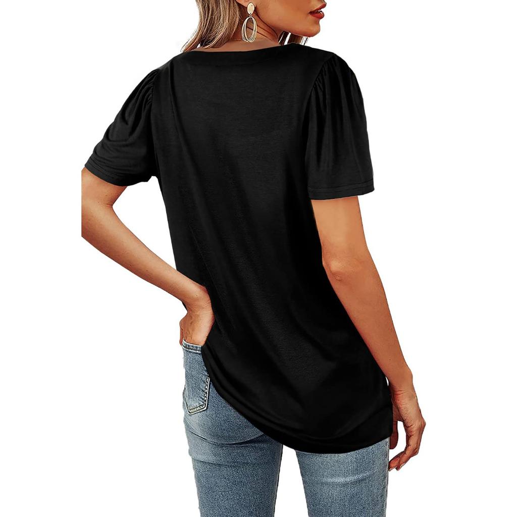Women's Fashion Casual Square Neck Short Sleeve Color Tops Blouse
