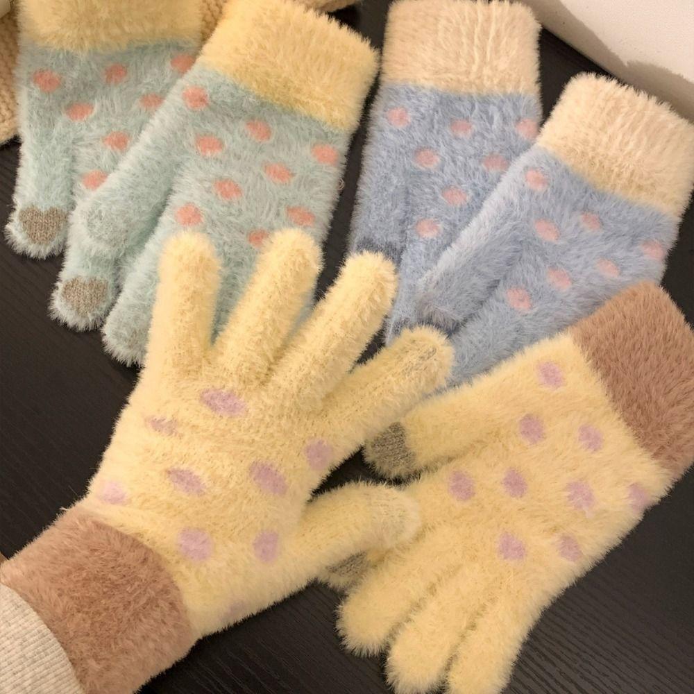 Polka Dot Five-Finger Gloves Touchscreen Warm Gloves Sweet Knitted Gloves Riding
