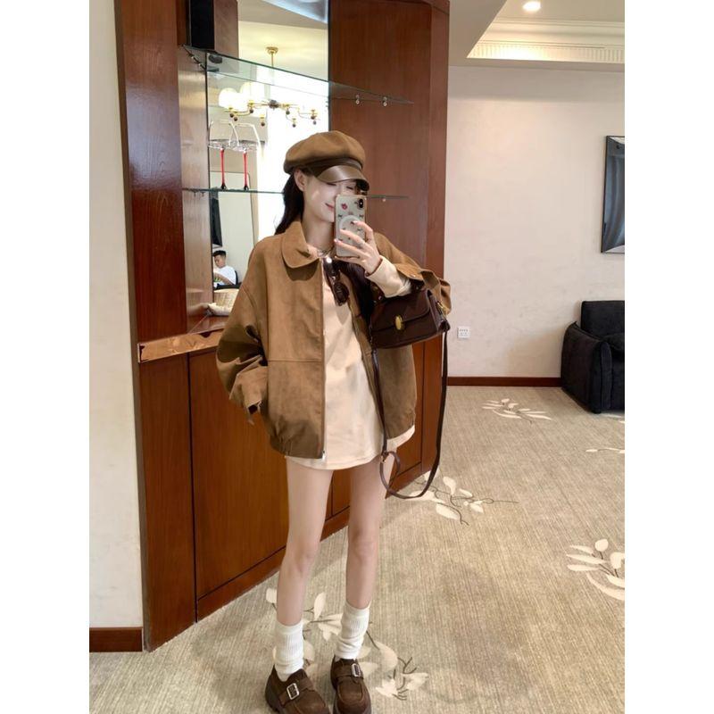 Kumikumi High Sense Retro Suede Long sleeve Outerwear Women clothes Autumn Loose Slimming Versatile Brown Top