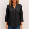 Women's Fashionable Solid Color V Neck Button Long Sleeved Casual Shirt Top