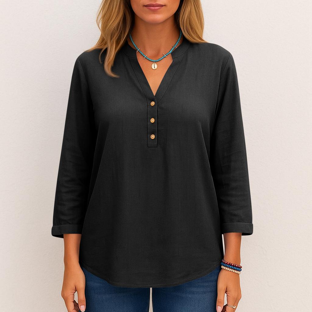 Women's Fashionable Solid Color V Neck Button Long Sleeved Casual Shirt Top