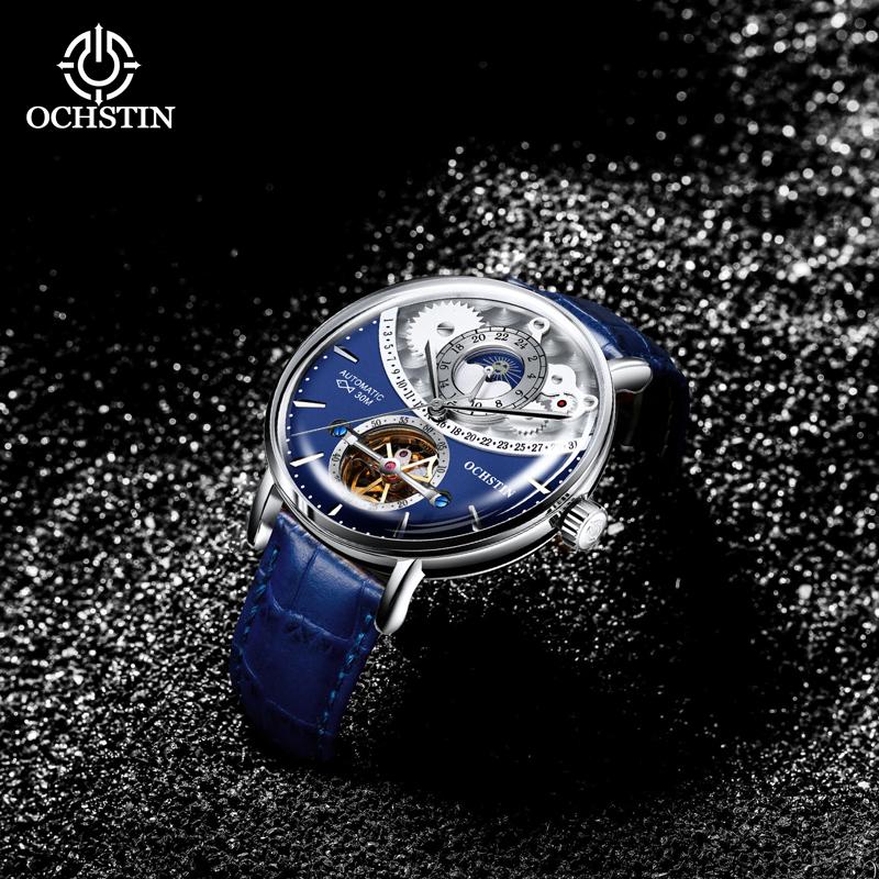 Ochstin New Model Sun And Moon Fully Automatic Watch Flywheel Mechanical Movement Watch Leather Strap Men's Mechanical Watches