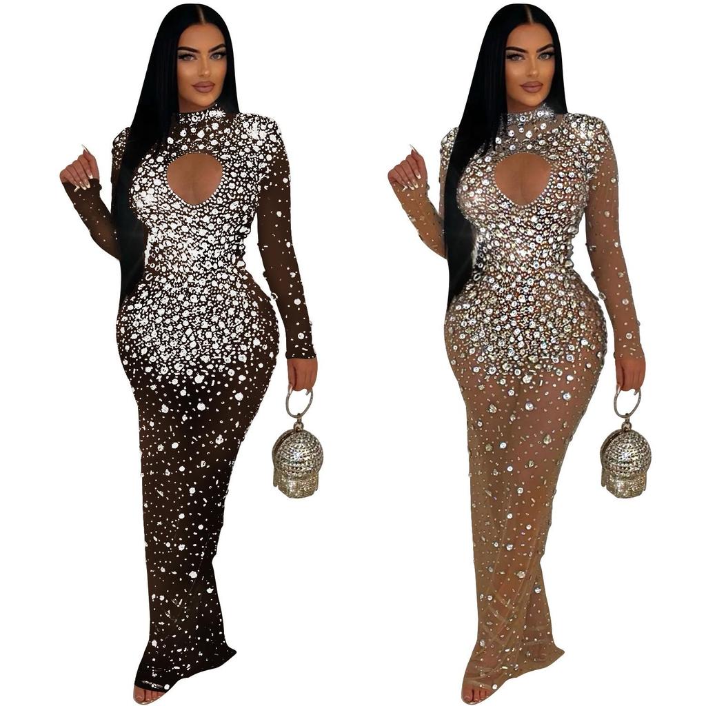 Europäisches und Amerikanisches Mode Strassstein Langes Kleid - Rundhals Damenbekleidung