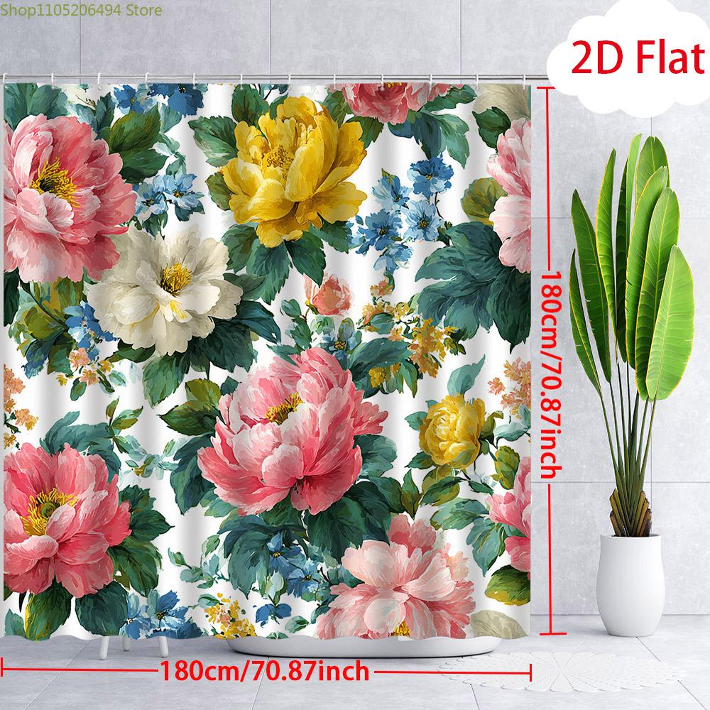 1pc Large Floral Peony Shower Curtain with 12 Hooks - Pink/White/Blue/Green Botanical Bathroom Decor, Pink Peonies & Green Lea
