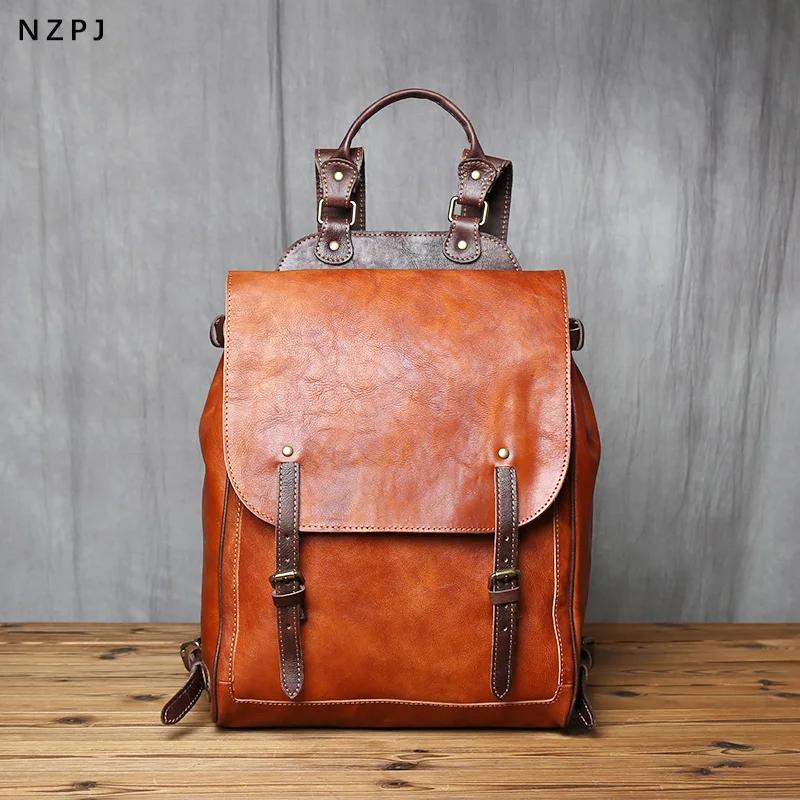 NZPJ Retro Genuine Leather Men Backpack Vegetable Tanned Top Layer Cowhide Backpack Fashionable computer bag for 15 inch laptop