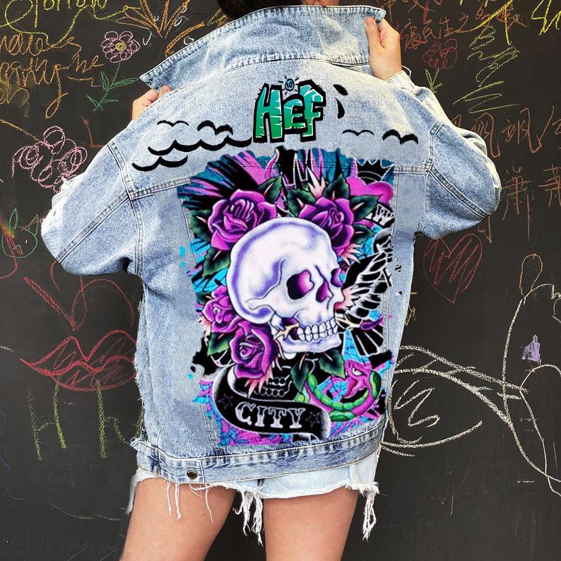 

2188 * Street Skeleton Cowboy Coat Женская свободная женская куртка с длинными рукавами и принтом