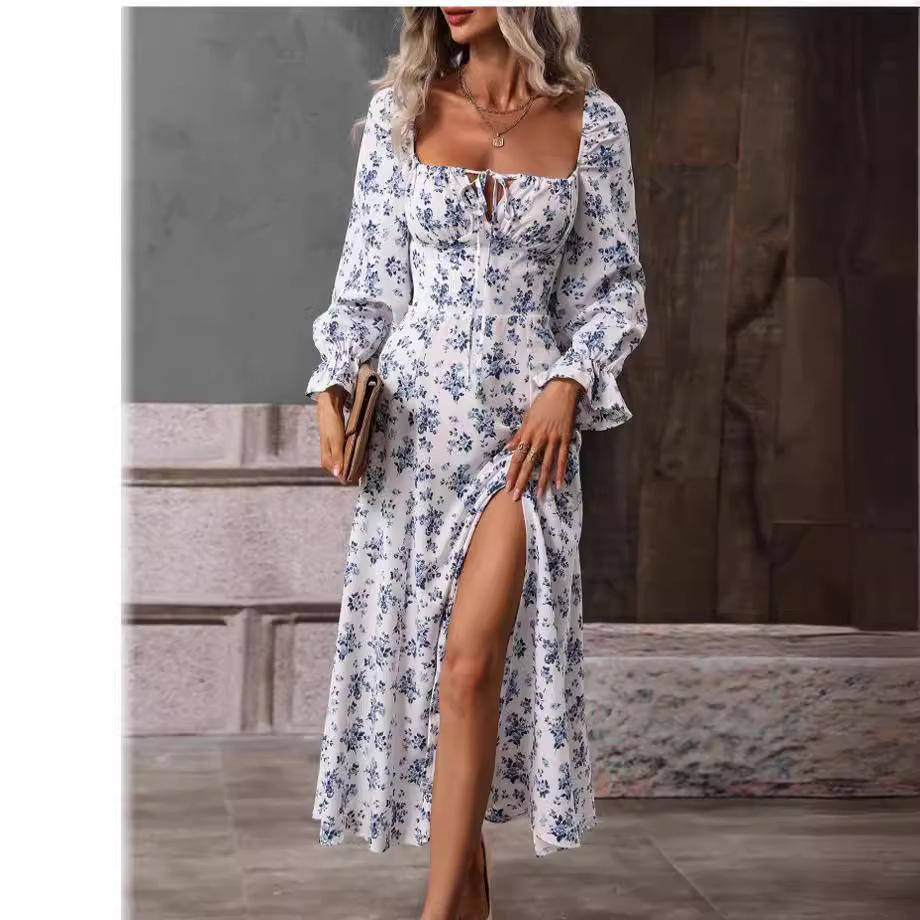 QICED Autumn Winter Printed Long Sleeve Backless Bohemian Dress Woman