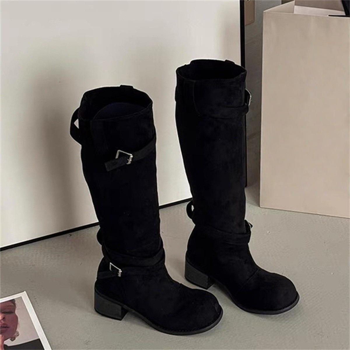 

Suede Maillard Boots Long Boots Women s 2025 New Pile Boots Wasteland Coarse High Heel Knight Boots 35 чёрный