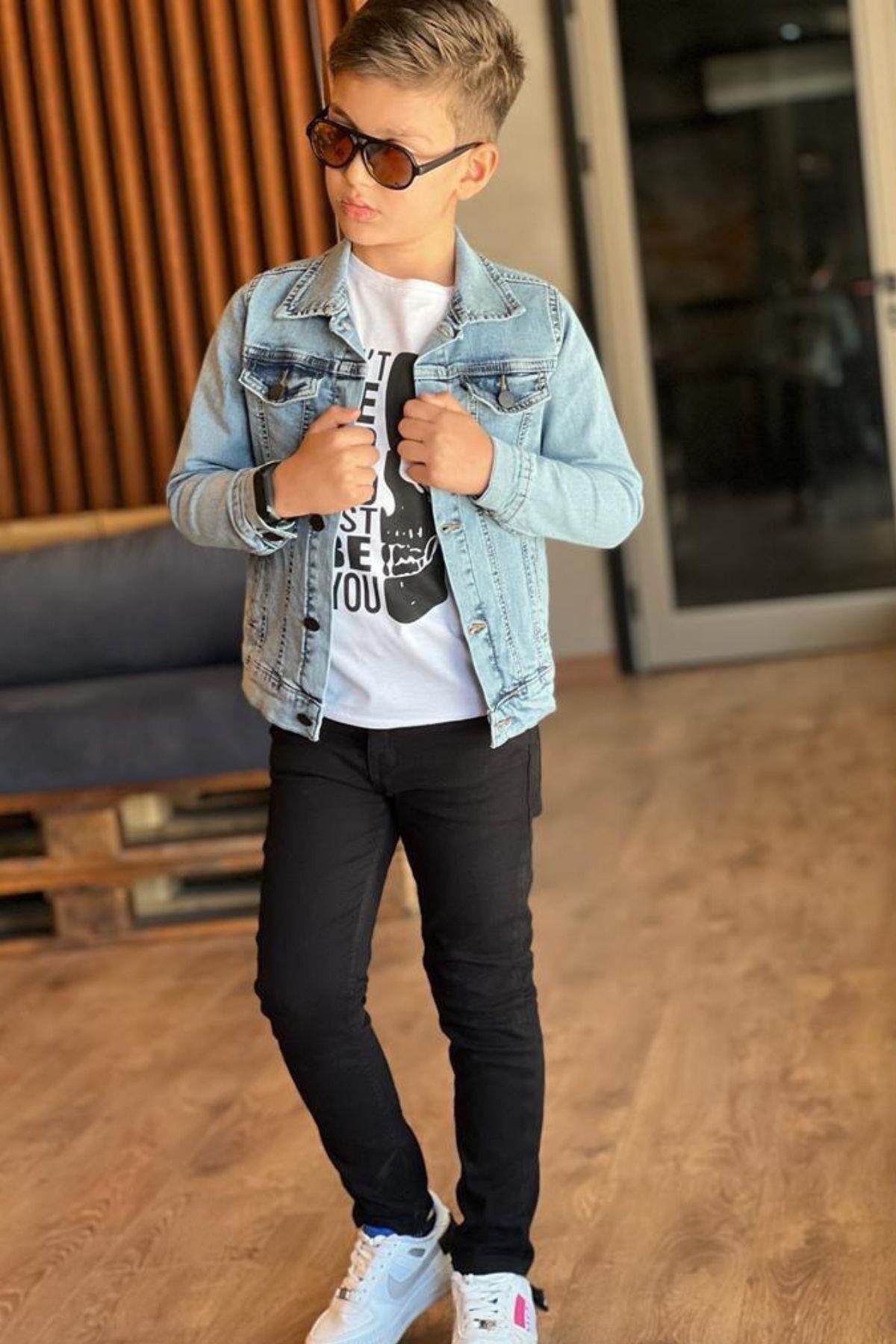 

Футболка с цифровым принтом для мальчиков, куртка на пуговицах спереди, черный джинсовый костюм с низом, костюм для детей от 3 до 12 лет