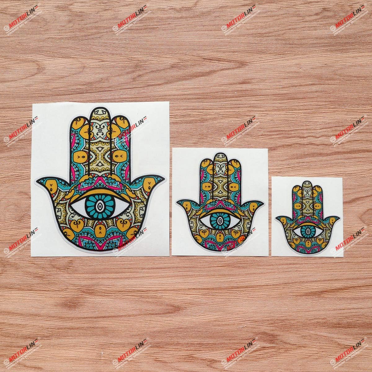 

Hamsa Hand Symbol Seeing Eye Vinyl Decal Sticker - 3 Pack Reflective, 3 Inches, 4 Inches, 6 Inches - Boho Abstract Floral Yellow Blue Multicolor
