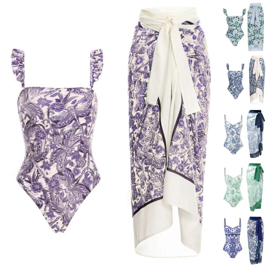 Women's Sexy One-Piece With Printed Swimsuit Long Skirt Set