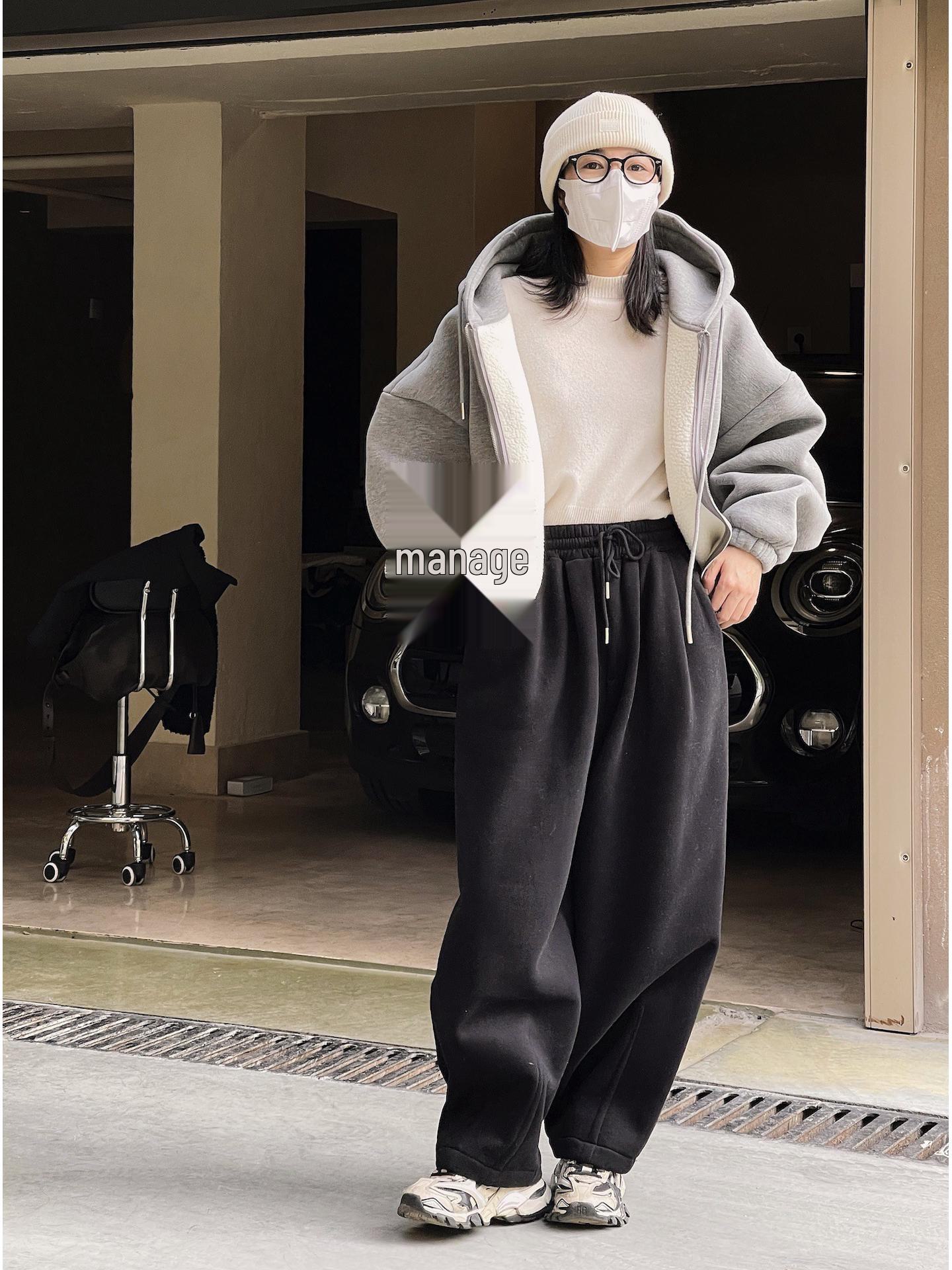 

Женские зимние повседневные свободные спортивные штаны в корейском стиле с эластичным поясом, деконструированным дизайном и бархатной подкладкой