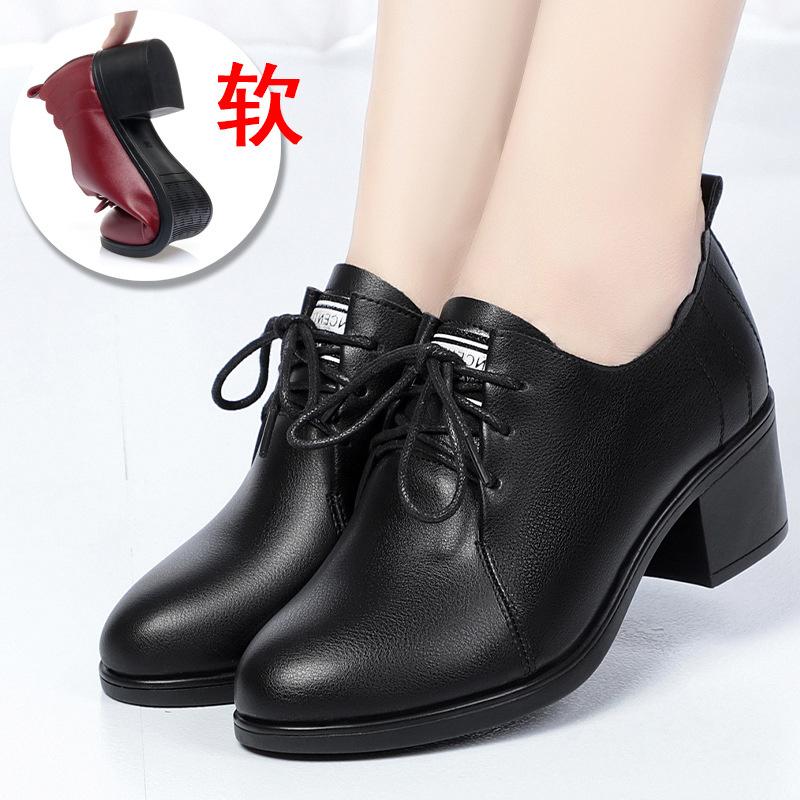 Spring Autumn Deep Mouth New Fashion Casual Women's Solid Shoes Lace Up Round Toe Chunky Heel  Soft Leather Soft Bottom Shoes