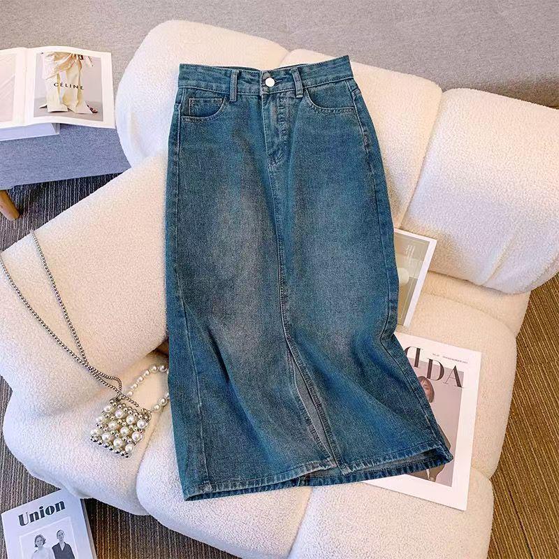 

High-End Women s 2025 Retro Slit Denim Skirt - A-Line High-Waisted Slimming Mid-Length Summer Fashion L