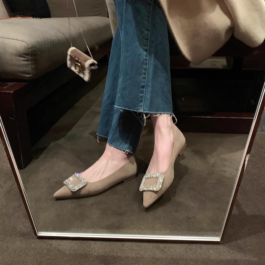 Sheepskin Version~ Exquisite Sparkling Diamond Buckle Temperament Small Pointed Head Shallow Mouth Flat Sole Single Shoes Women's Spring and Autumn