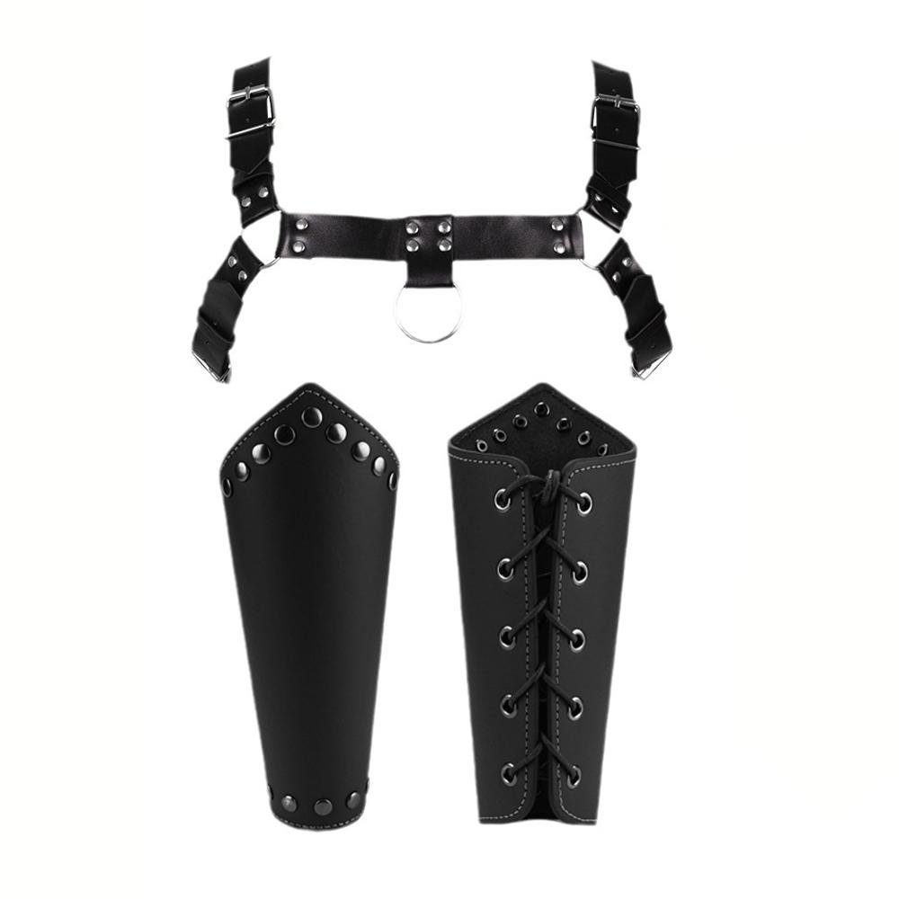 Men's Black PU Leather Medieval Suspenders Set Riveted Wristband Steampunk Belt Viking Warrior Style Role Playing Accessories