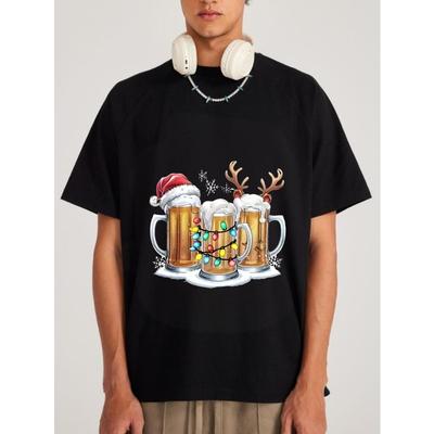 Weihnachts-Bierkrug T-Shirt Weiß Weihnachtsmannmütze und Rentiergeweih mit bunten Lichtern Feiertagsparty Freizeitkleidung