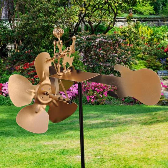 Moară de vânt metalică artizanală cu baterist, statuetă de percuționist, sculptură cinetică cu baterist acționată de vânt, spinner de vânt, decor pentru curte, gazon, grădină, terasă