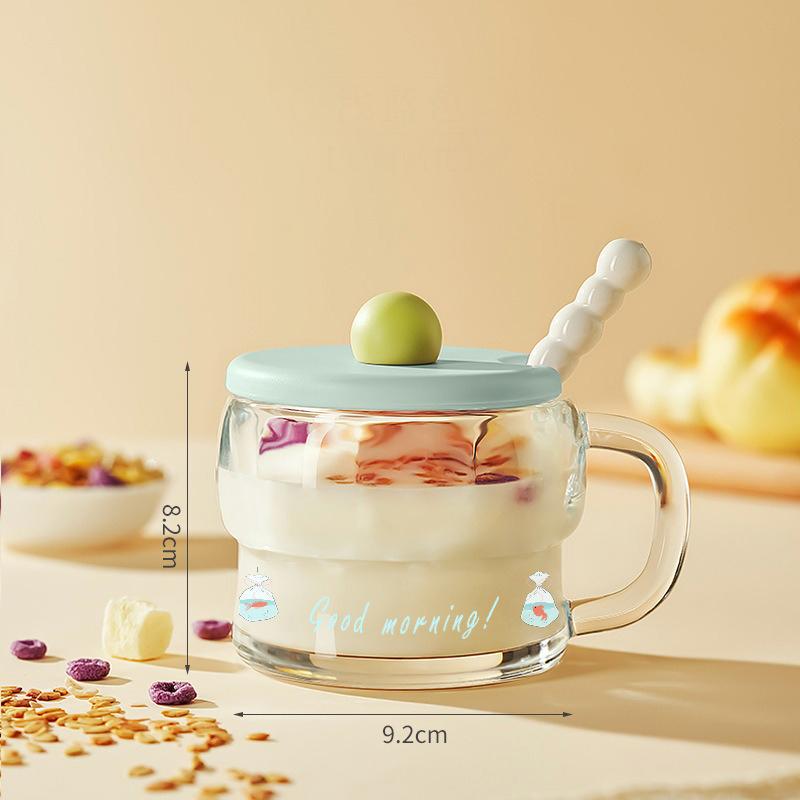 Breakfast Cup with Lid Spoon Milk Cup Handle Oat Cup Transparent Cup Glass Milk Yogurt Cup for Kitchen Bowl Portable Cereal Jar