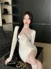 Pure Desire Wind Slim-fitting White Long-sleeved Dress Women's Pleated Design Feeling Waist Sexy Spring and Autumn Bottoming Hip-wrapped Short Skirt