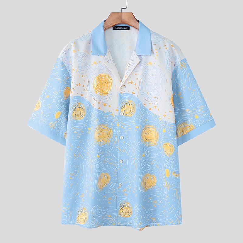 

INCERUN Men Lapel Neck Short Sleeve Printing Casual Oversized Shirts 5XL синий